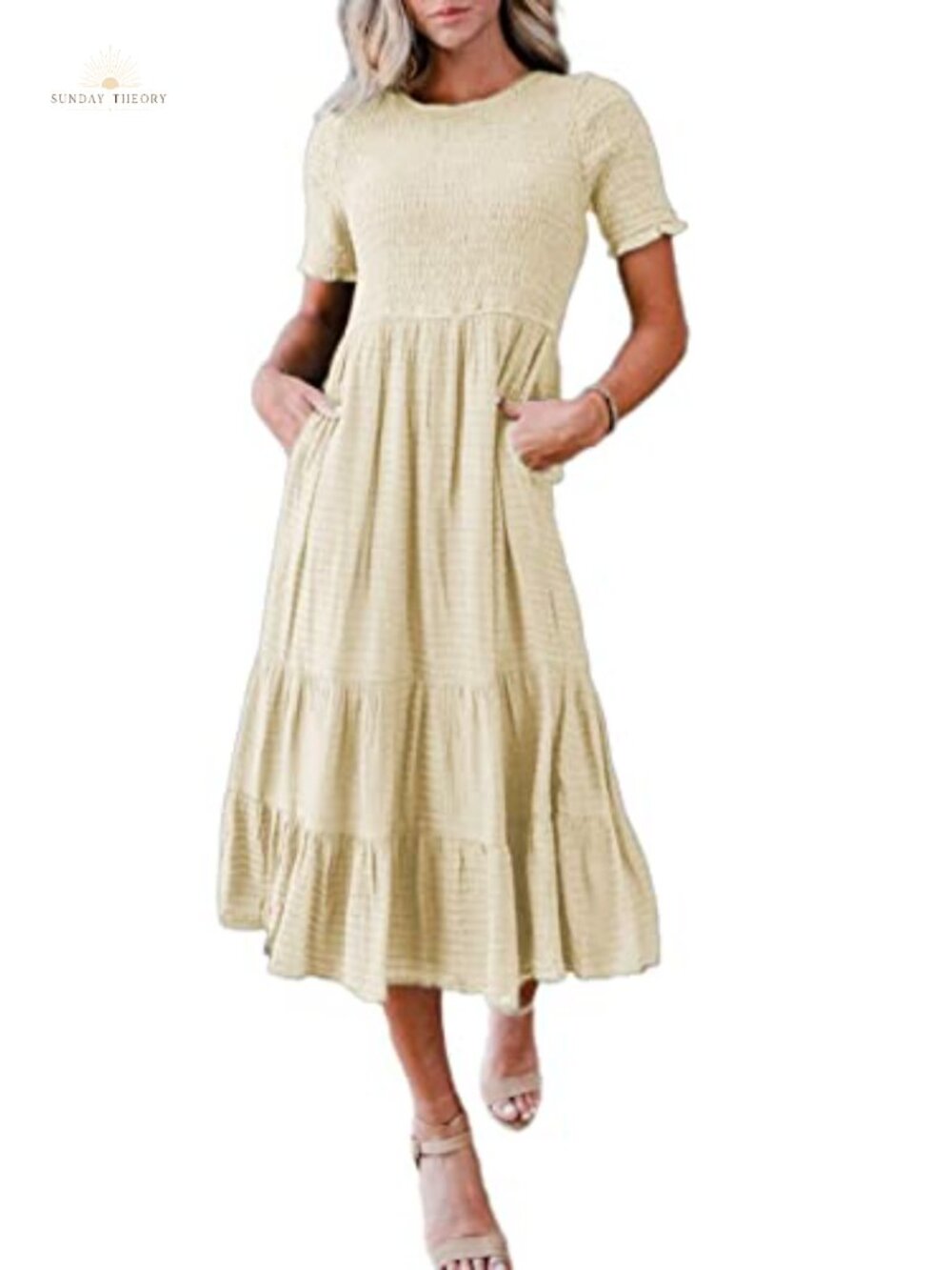 Women's Smocked Midi Dress Short Sleeve A Line Flowy Casual Summer
